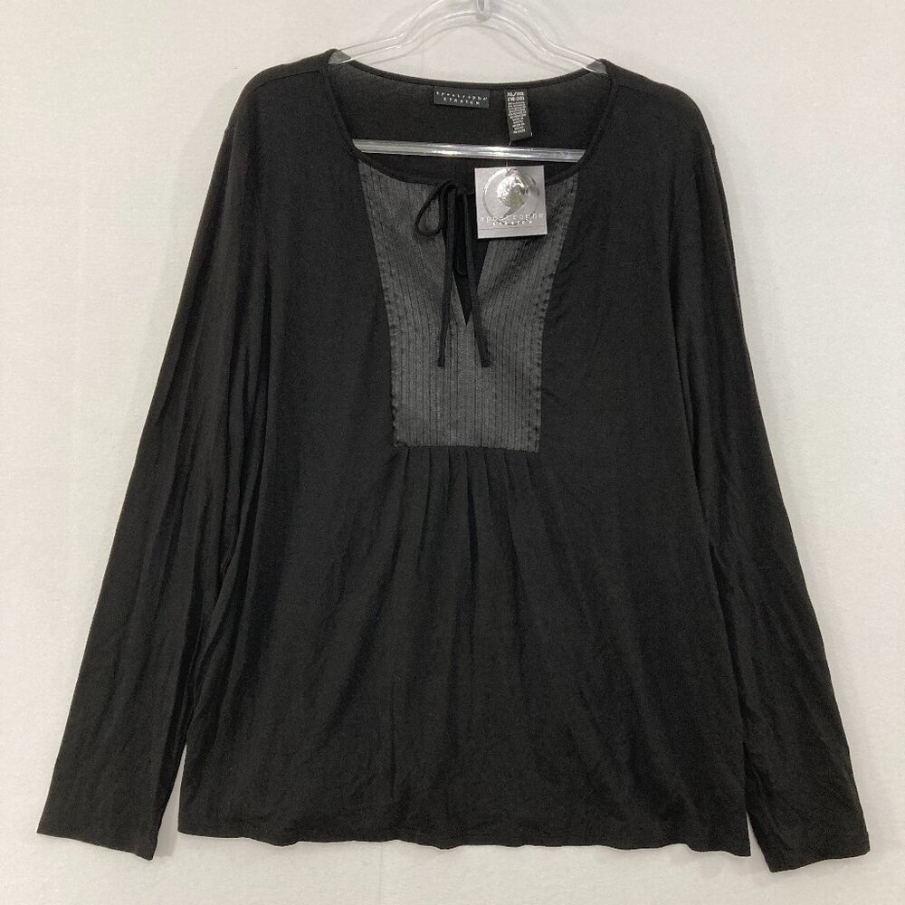 New Apostrophe Top size XL Black Tie Front Pintuck Stretch‎ Office Career
